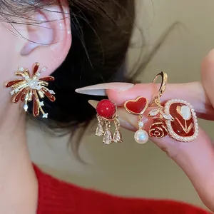 Elegant vintage red enamel pearl fireworks earrings set for women in gold finish