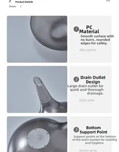 Detail of grey translucent kitchen drain basket with large spout and non-slip bottom