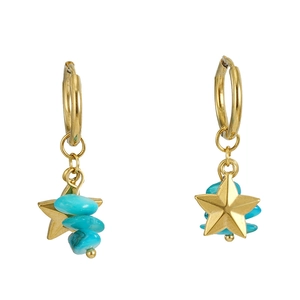 Fashionable 18k gold stainless steel hoop earrings with pentagram and blue turquoise stone