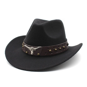Cappello Da Cowboy Western Feltro Tesa Larga Con Fascia In Pelle Testa Di Toro Metallo Borchia Retro Stile Etnico Outdoor