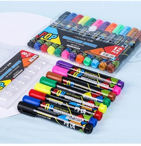 Detailed view of colorful 12-pack whiteboard markers with assorted colored caps and barrels