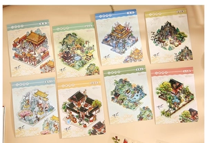 Detailed view of eight Journey to the West mythical landscape stickers with vibrant colors