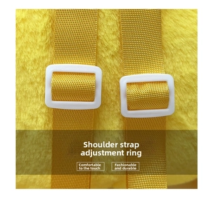 Detail of adjustable shoulder straps with white plastic buckles on yellow plush backpack
