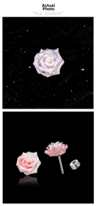 Macro shot of purple gradient resin rose earring with titanium screw back stud detail