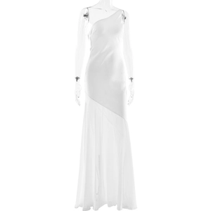 Detailed close-up of white one-shoulder maxi dress with mesh stitching and fishtail hem
