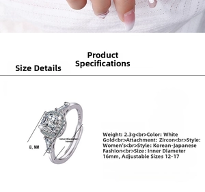 Detailed chart showing adjustable silver ring with zircon stones and sizing parameters