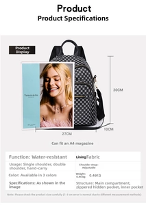 Detailed size chart for waterproof travel bag showing 30x27x10cm dimensions and features