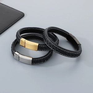 Men's double-layer braided leather bracelet set with magnetic titanium steel clasps