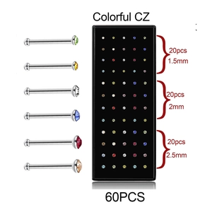 60pcs set of colorful CZ stainless steel nose studs in 1.5mm 2mm and 2.5mm sizes