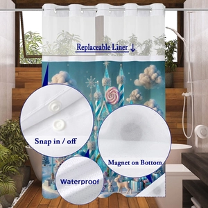 Detail view of double-layer shower curtain with waterproof liner and snap-in feature