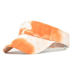 Detail of curved wide brim sun visor with orange and white tie-dye canvas fabric
