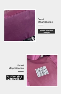 Detail view of purple waterproof nylon gym bag with woven Duo Xin brand label