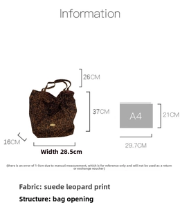 Leopard print suede tote bag size comparison with A4 paper and detailed dimensions