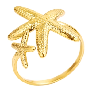 Exaggerated 18K gold plated 304 stainless steel starfish ring with detailed textures