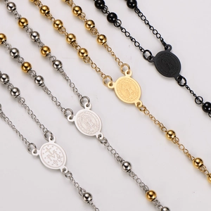 Beaded stainless steel cross necklaces with oval religious medals in gold silver and black