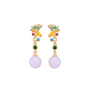 Elegant lotus silver needle earrings with purple beads and colorful zircon accents