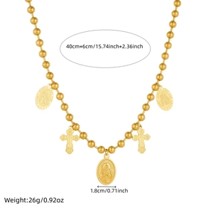 Vintage gold plated rosary necklace with Saint Joseph, Virgin Mary, and cross pendants