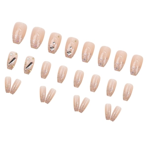 Set of 24 silver glitter gradient nude press-on nails with shiny rhinestones and sequins