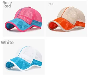 Close-up of breathable mesh baseball caps in various vibrant color combinations