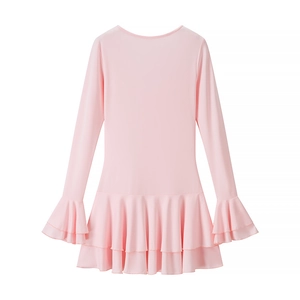 Detail of pink layered ruffle dress showing the flared sleeves and hem stitching