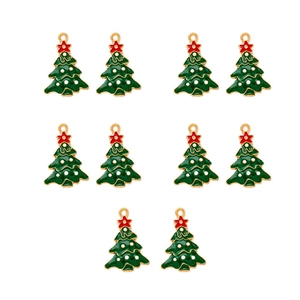 Set of 10 green enamel Christmas tree pendants with gold plating and red star details