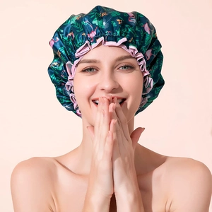 Waterproof double-layer satin shower cap with flamingo print and pink ruffle edge