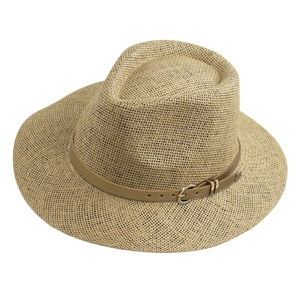 Classic Panama straw hat in light khaki with brown leather belt and gold buckle