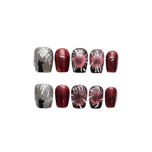 Kurze eckige burgunderfarbene Cat-Eye-Nägel zum Aufkleben mit Glitzer und Katzen-Designs