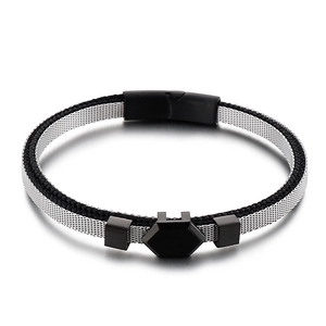 Bracelet En Maille Acier Inoxydable Hexagone Et Corde De Coton Tissée Avec Fermoir Magnétique Pour Homme Unisexe Style Punk