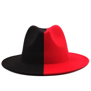 Detailed view of bicolor black and red wool felt fedora hat with a flat brim design