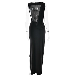 Detail view of backless black long dress on mannequin showing pleated slit design