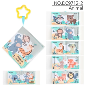 Detailed views of washable baby cloth book featuring soft animal patterns and a star clip