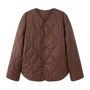 Brown lightweight quilted jacket for women with gourd stitching and snap buttons on white background
