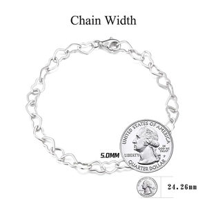 S925 sterling silver heart link chain bracelet with lobster clasp and 5mm width