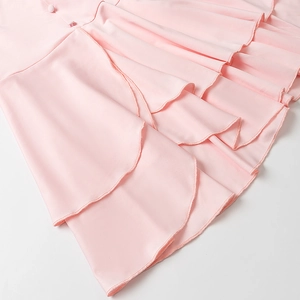 Close-up detail of tiered pink ruffled hem with fine stitching and matching cloth buttons