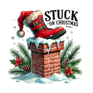 Self-adhesive Christmas wall sticker featuring red boots, chimney, and pine cones