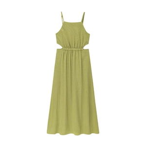 Women Summer Vacation Cut Out Cami Dress Linen Look Braided Beaded Strap Square Neck Backless Ruched High Waist Grass Green Maxi Dress