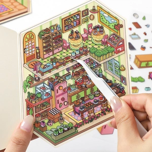 Infeel.Me 2.5D DIY scenery sticker book featuring kitchen and bakery themes with tweezers