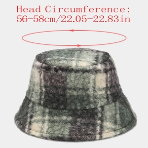 Detail view of plaid teddy fleece bucket hat showing head circumference size 56-58cm