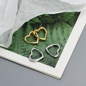 Detailed view of heart-shaped hoop earrings in gold and silver finish on a botanical card