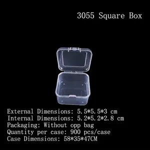 Transparent plastic storage box dimensions detail with 5.5x5.5x3 cm outer size