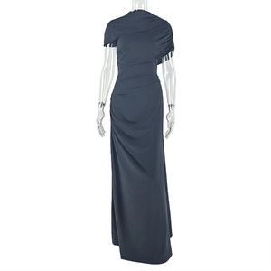 Detail of elegant navy ruched fabric with asymmetric pleats on a midi bodycon dress