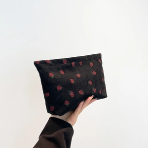 Black corduroy tote bag with red strawberry print for daily casual shoulder use