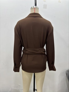 Chemisier marron foncé à manches longues avec un grand nœud au dos pour cintrer la taille