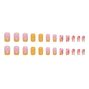 Short square press-on nails set with pink French tips and yellow floral patterns