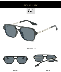 Detail view showing square black frames and silver metal hollowed-out temples of sunglasses