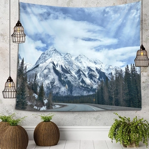Detailed snowy mountain tapestry hanging on grey wall with plant and industrial lamp