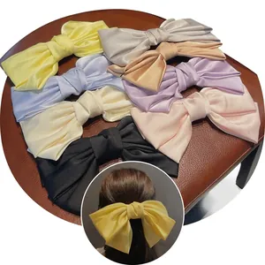 Détail de grandes barrettes à nœud en satin en huit couleurs sur fond de cuir élégant