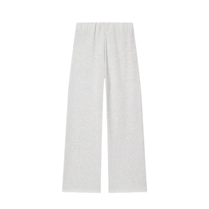 Detail of light gray wide-leg trousers featuring a high-waisted design and soft cotton texture