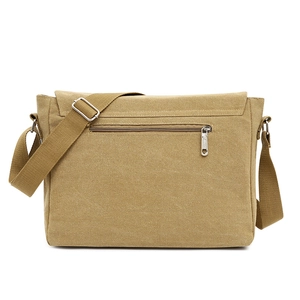 Khaki canvas messenger bag for men and women featuring adjustable strap and back zip pocket